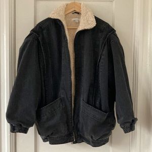 Sherpa lined zip up black denim jacket TOPSHOP
